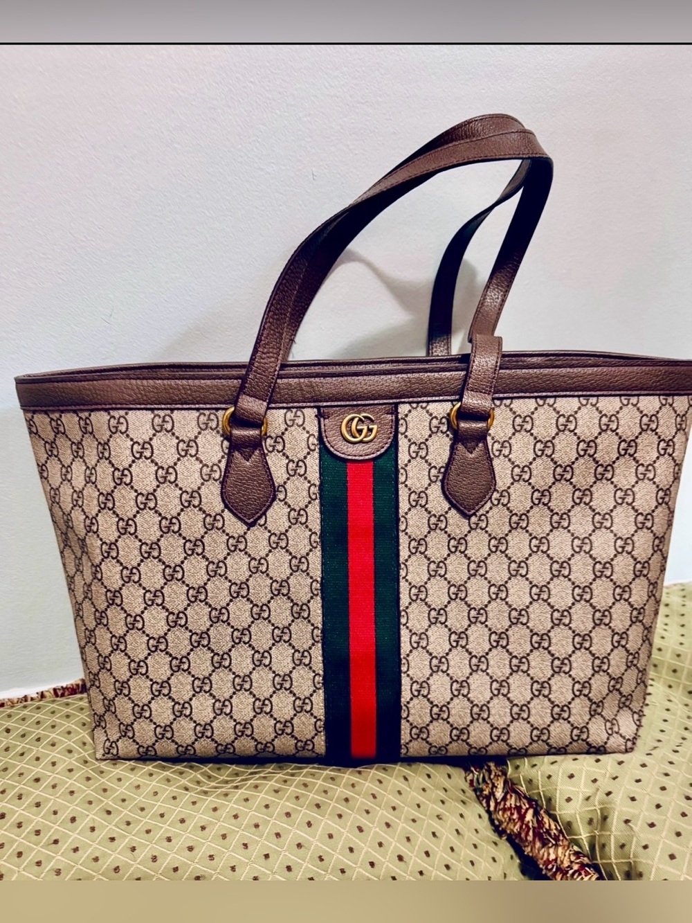 Brown GG Supreme Canvas Tote with Green and Red Web Stripe
